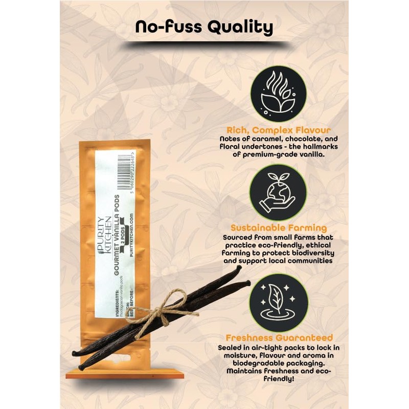Purity Kitchen Madagascan Vanilla Beans, Grade A Gourmet, 2 Whole