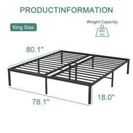 OLALITA 18 Inch Metal Platform Bed Frame, Queen Size Bed Frame, Steel Slat Support, No Box Spring Needed, Easy Assembly, Storage Space-Queen Bed Frame (Black, King)