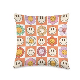 Murakami Inspired Smiling Flower Flowercore Checker Throw Pillow