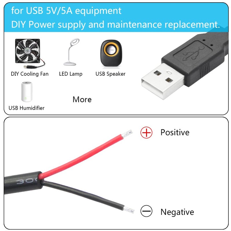 4Pcs USB A Male to 2 Pin Bare Wire 11inch,