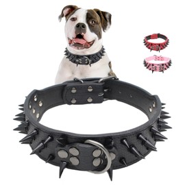 Spiked Dog Collar, Sharp Spike Studded Anti-Bite Protect Pets Neck Adjustable for Medium Large Breed Dogs as Mastiff Pitbull Pug Bulldog, Black Rivets 2-Inch Wide Black Leather 21-24"