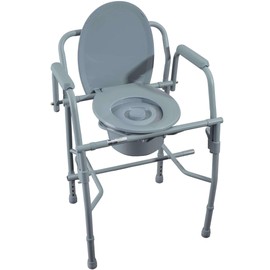 Adjustable Bedside Commode Chair – Gray Steel Frame Drop Arm Commode for Seniors – 3 in 1 Commode Chair for Toilet, Bedside, or Shower – 300 lb Weight Capacity