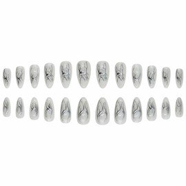 MISUD Press on Nails - Medium Almond Glue on Nails with Silver Chrome, Acrylic 3D Swirl Design 24 pcs
