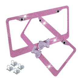 AUCELI Bling License Plate Frame, 2 Pack Stainless Steel Crystal Bow Car Plate Covers, US Vehicle License Bracket Holder with Rhinestone Mounting Bolts, Sparkly Car Accessories for Women (Pink/White)