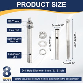 PATIKIL M6 x 100mm 304 Stainless Steel Expansion Bolts, 8 Pcs External Hex Expansion Screw Bolt Sleeve Lengthened for Concrete Drywall Construction Projects, Silver