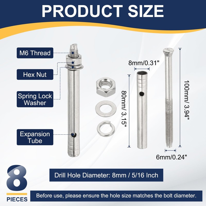 PATIKIL M6 x 100mm 304 Stainless Steel Expansion Bolts, 8