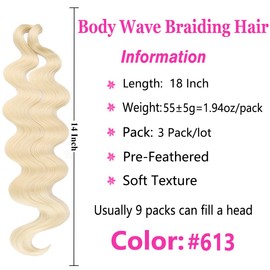 COOKOO 3 Packs Body Wave Braiding Hair 14 Inch Pre-Feathered Bouncy Braids Hair French Curl Wavy Crochet Braids Ocean Deap Twist Synthetic Hair Extensions for Boho Box Braids(613#)