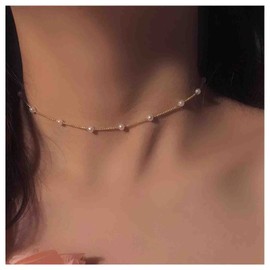 Cimenexe Bohemian Pearl Choker Necklace Vintage Station Pearl Necklace Choker Gold Pearl Chain Necklace Pearl Collar Necklace Chain Jewelry for Women and Girls