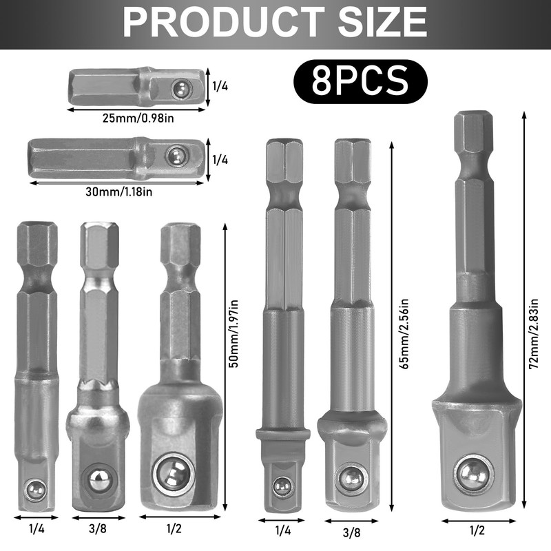 8-Piece Socket Adapter, 1/4 Inch Hex Adapter to 1/4 Inch,