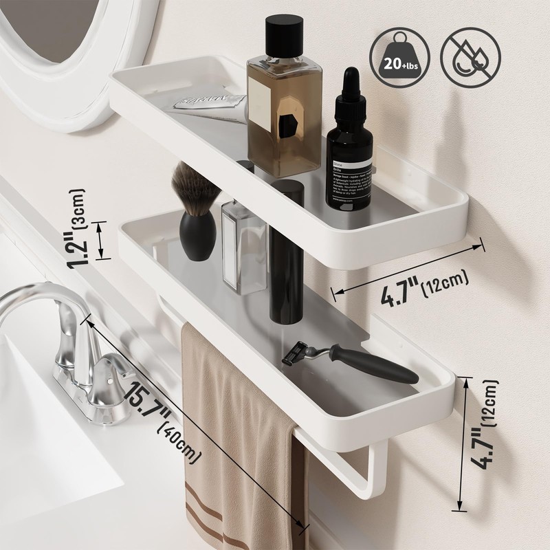 Danpoo 16-Inch White Floating Bathroom Shelves with Towel Bar， Clear
