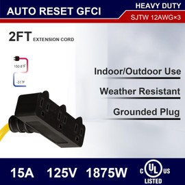 AIDA 2FT Auto Reset 12/3 Gauge SJTW Heavy Duty GFCI Extension Cord with 3 Prong Grounded Plug, 15 AMP Yellow Outdoor Extension Cable with LED Lighted, UL Listed, 1 Pack (GFCI Plug)