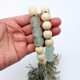 Small Coastal Home Decor with Wood and Glass Beads - Boho Bohemian Decor, Light Aqua Sea Glass Garland, Marine Water Ocean Colors - 27 inches Length (Beads are 16mm and 18mm)