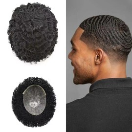 Afro Toupee for Black Men Full Poly Skin PU Injection Mens Toupee Wave African American Human Hair Unit for Men Hair Piece Men Replacement System (8"x10", 1B# Off Black-12MM Wave)