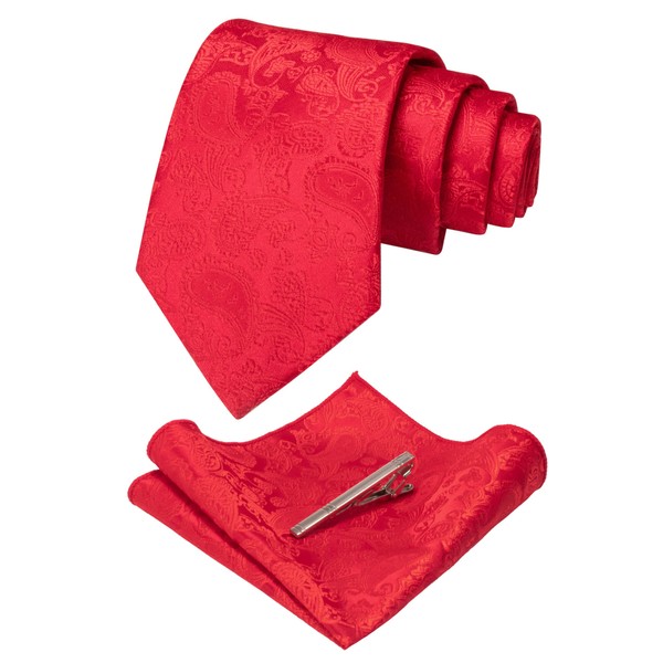 JEMYGINS Mens Red Paisley Necktie and Pocket Square with Tie
