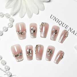 JODSONE Press on Nails Pink Glitter Square Cat Eye Handmade 3D Fake Nail Tips Reuseable Fashionable Design Long Lasting Fit Easy to Create Exquisite Fingertips- Small