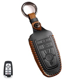 Aoocar 5 Button Leather Key Fob Cover, Fit for Ford Fusion Escape Expedition Explorer Edge Maverick Mustang Ranger F150 F250 F350 F450 F550, No Screw Design Retro Style Smart Key Protector(Black)