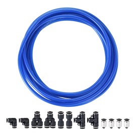 sourcing map Pneumatic 6mm OD PU Air Hose Pipe Tube Kit 5M Blue with Black Push to Connect Fittings