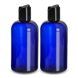ljdeals 8 oz Cobalt Blue Plastic Empty Bottles with Black Disc Top Caps, Refillable Containers for Shampoo, Lotions, Cream and More, BPA Free, Pack of 2, Made in USA