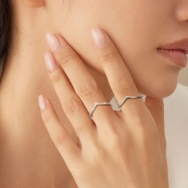 Dochais 2PCS Rings for Women 14k Gold Plated 925 Sterling Silver Wishbone Ring Non Tarnish Wedding Bands Stackable Dainty V Shaped Rings CZ Wedding Rings Promise Ring Engagement (Silver, 10)