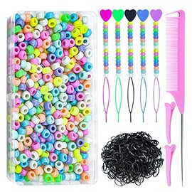1008 Pcs Hair Beads Set with Hair Styling Tool, 500Pcs Pony Beads, 500Pcs Small Elastic Rubber Bands, 1Pcs Rattail Comb, 2Pcs Duckbill Clips, 5Pcs Qui