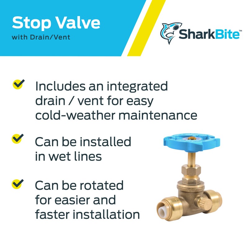 SharkBite 1/2 Inch Stop Valve with Drain and Vent, Push