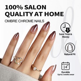 SHANGMENG Brown Ombre Press on Nails Short - Fall Chrome Press on Nails Almond for Women Gift, Natural & Glossy Stick on Nails in 16 Sizes - 32 Reusable Soft Gel Fake Nails with Glue, Iced Americano