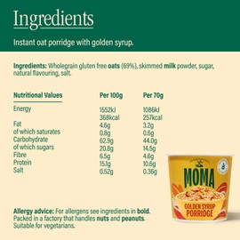 MOMA MOMA Instant Porridge Pots GOLDEN SYRUP - 70g Pot - Breakfast Jumbo Oat with natural flavouring - Gluten Free, Vegetarian, High in Fibre, Source of Protein & Rich in Vitamin B6 - Made in UK