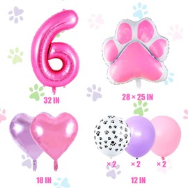 Yoehlon Pink Dog Paw Birthday Balloons, 12 PCS, Paw Print Balloons, 6 Year Old Girl Birthday Decorations, Dog Themed Party Balloons