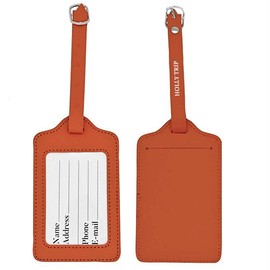 Set of 2 PU Leather Business Card Holder Luggage Tags Bag Baggage Tag Travel Identifier Suitcase Labels Orange