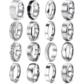 RIOSO 16Pcs Men's Stainless Steel Rings Cool Silver Band Ring for Women Men Simple Wedding Engagement Ring Set