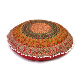 CRAFT KALA 22" Round Mandala Boho Pillow Cover Meditation Room Seating Poufs Cover for Living Room Yoga Home Bedroom Balcony Garden Party Decoration Cotton Floor Cushion Cover (Red Yellow)