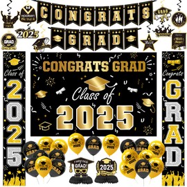 Graduation Decorations 2025, Black and Gold Graduation Decorations Set Class of 2025 Backdrop, Flag Banner, Porch Banner, GRAD Hanging Swirl, Balloons, Honeycomb for Grad Party Decor (Black & Gold)