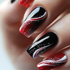 RUOKEXIN Medium Square Press on Nails Black Red Ombre Fake Nails Sparkly False Nails with Designs Medium Length Nail Press ons Glossy Artificial Nails Cute Stick on Nails for Women 24Pcs