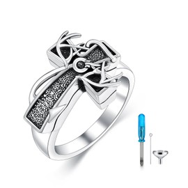 Men's Cross Urn Ring for Ashes 925 Sterling Silver Deer Antler Fish Hook Cremation Keepsake Memorial Gifts for Husband Brother Fishing Hunting Lovers, Sterling Silver, No Gemstone