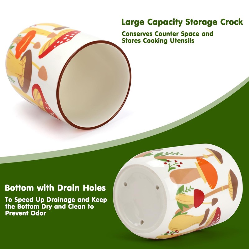 Nefelibata Mushroom Ceramic Utensil Holder Rustic Functional Utensil Crock Kitchen
