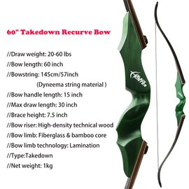 ZSHJGJR 60” Black Hunter Original Recurve Bow for Adults American Hunting Longbow Archery Bow 20-60lbs Right Handed for Archery Hunting Shooting Practice (Green, 60lbs)