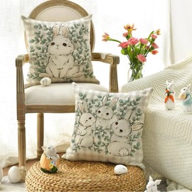 Happy Easter Pillow Covers - 18x18 Inch Buffalo Plaid Rabbit & Eucalyptus Leaves Spring Theme Set of 2, Plus 12x20 Inch Rabbit Lumbar Cushion Case - Double-Sided Print for Sofa Couch Home Decor