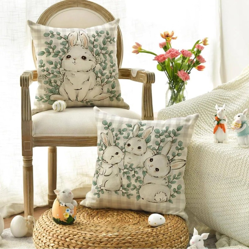 Happy Easter Pillow Covers - 18x18 Inch Buffalo Plaid Rabbit