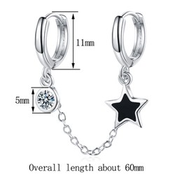 Qings Punk Rock Black Hoop Earrings - 1 x Sterling Silver Double Hoop Earrings Mini Black Zircon Earring Double Hole Sterling Silver Pendant Star Chain Jewellery Gift for Women Girls, Sterling Silver,