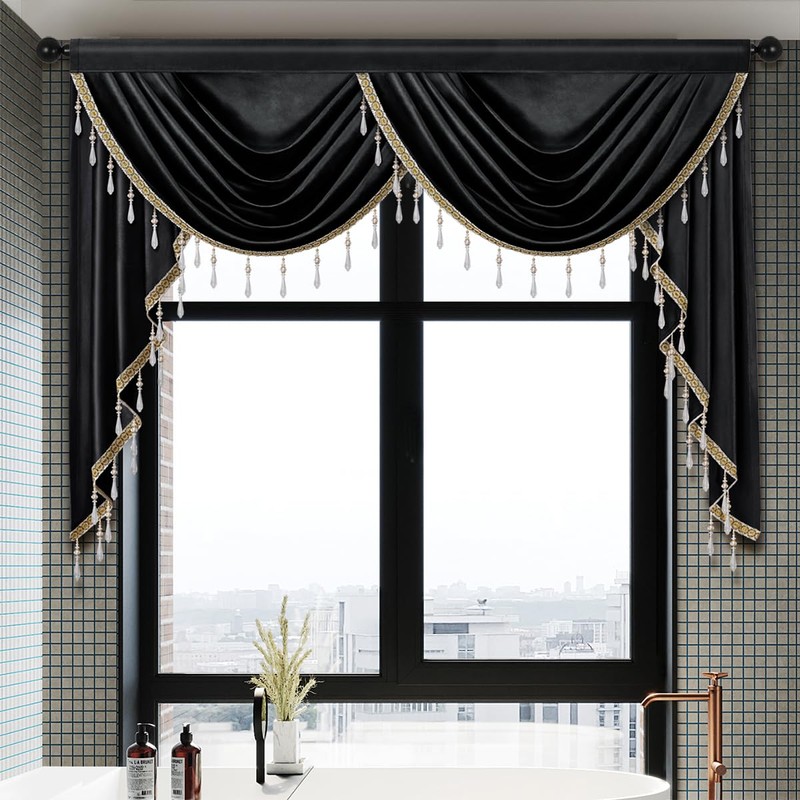 ELKCA Luxury Black Velvet Curtain Valances for Living Room with