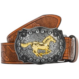 KorhLeoh Western Leather Cowboy Buckle Belt for Men Women Jeans Engraved Floral Longhorn Bull Texas Buckle Belt (33-41 Inch Waist), Horse-brown