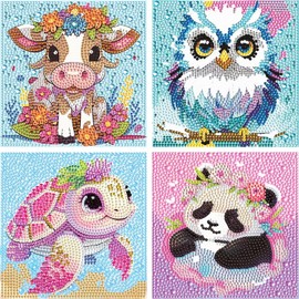TRUEIN Pack of 4 Diamond Painting Pictures, 15 x 15 cm / 5.9 x 5.9 in 5D Diamond Painting, Diamond Painting Animals Girls Boys, DIY Mosaic Making Arts Craft for Children from 4 5 6 7 8 9 10 Years