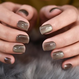 IKISKT Press On Nails - Glitter Black Gold | Cateyes Shiny Little Yellow l UV Medium Short Square Chrome False Fake Nails, Reusable Glue | 10 Sizes - 24 Nail Kit