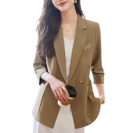 AUSKY Women's Jacket, V-Neck, Suit, Long, 3/4 Sleeve, Button Closure, Pocket, Shoulder Pad, Worn, Plain, Polyester, Simple, Adult, Work, Formal, Everyday Wear, Business, Interview, Spring, Summer,