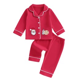 MAHUAOYIXI Toddler Boys Girls Christmas Pajamas Outfits Long Sleeve Lapel V Neck Santa Claus Embroidery Shirts Tops with Elastic Waist Pants Sets 2Pcs Sleepwear Loungewear (Red, 18-24 Months)