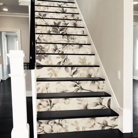 REDAMANCY Boho Cream Black Peach Flowers Peel and Stick Vinyl Stair Riser Decals Staircase Tile Stickers Decor Modern Marble Decoration Self-Adhesive(14 Pcs)