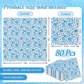 JarThenaAMCS 80Pcs Blue Floral Paper Napkin Flower Luncheon Napkin Dessert Disposable Dinner Hand Napkin for Spring Wedding Birthday Party Supplies