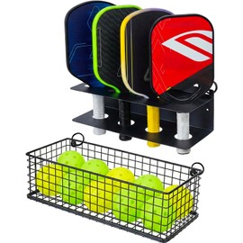 MyGift 16.5 Inch Black Metal Pickleball Paddle Rack and Ball Storage, Wall Mounted or Fence Hanging Equipment Organizer with Racket Holder and Basket for Balls