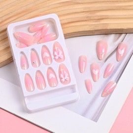 Pink Medium Press on Nails Almond Fake Nails 3D Bow Rhinestones Heart Acrylic Nails Pink Ombre Translucent Artificial Nails Cute False Nails for Women Girl 24 Pcs