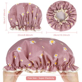 Waterproof Shower Caps for Women, Pattern And Solid Color Dual-Layer Design For Dual-Layer Usable, Protects Hair In Shower, Spa, Cooking, Clean & Travel (Daisy Deep Pink)